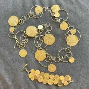 Vintage Marcia Moran Statement Gold Circle 42” Necklace and Bracelet Set Signed
